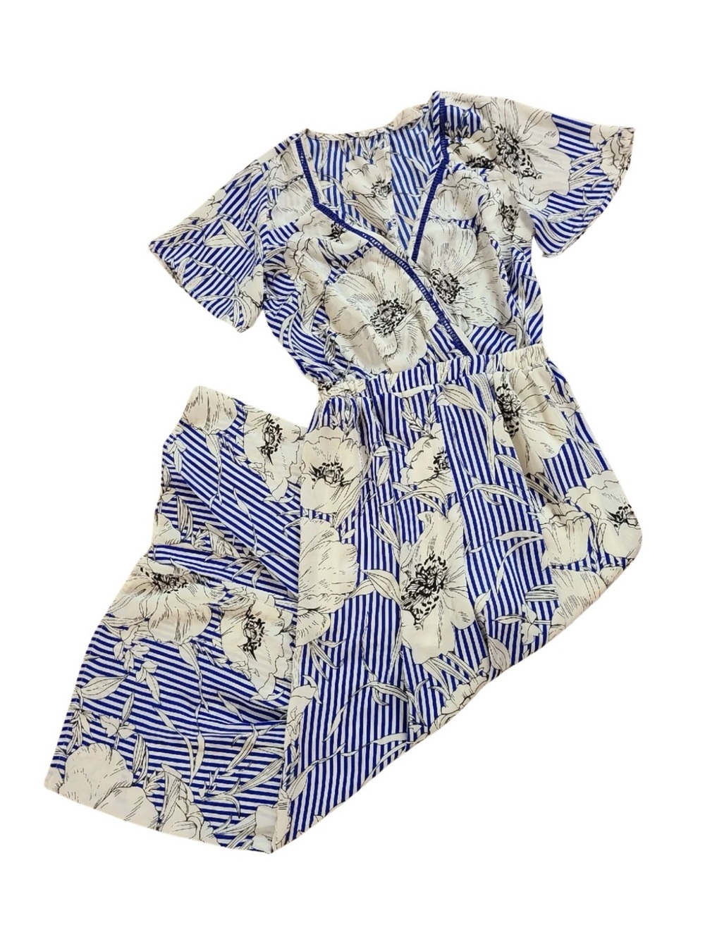Sienna Sky Blue and White Floral Stripe Jumpsuit with Built-in Shorts